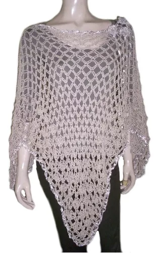 Poncho Tejido Crochet Hilo Seda Mujer Noche