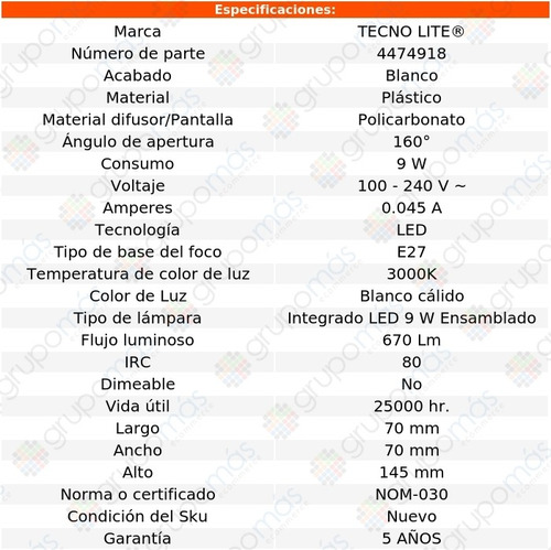 Lampara De Led 3000k E27 9w 670lm Tecnolite