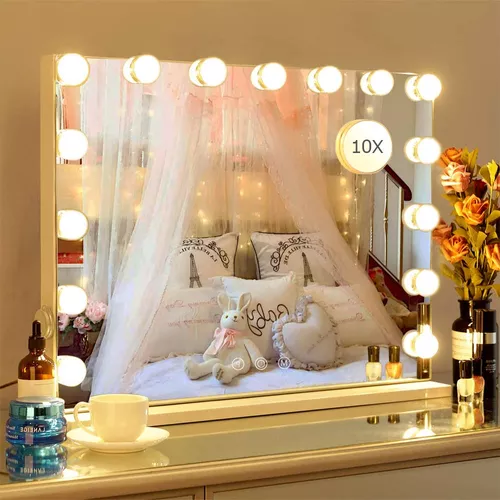 Espejo de tocador con luz, espejo montado en la pared, espejos de mesa para  maquillaje, espejo de control táctil con salida USB (Color blanco, tamaño