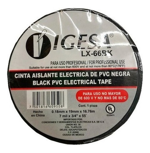 10 Cinta Eléctrica Aislante De Pvc 19mm 16.7mts Igesa Grande Negro