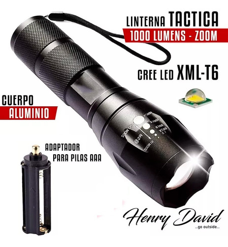 Linterna Tactica Led T6 1000 Lm Zoom Aluminio Pilas Bateria