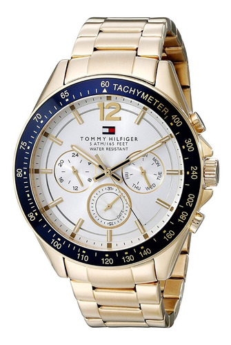 Reloj pulsera Tommy Hilfiger 1791121 de cuerpo color azul marino, para hombre, fondo blanco color dorado, bisel color azul marino