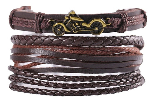 4 Pulsera De Cuero  Marron Ajustable - Dije Moto - D891