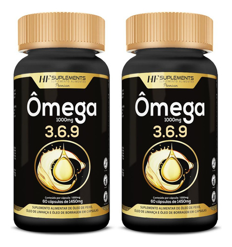 2x Omega 3 6 9 60caps Peixe Linhaça Borragem Hf Suplements