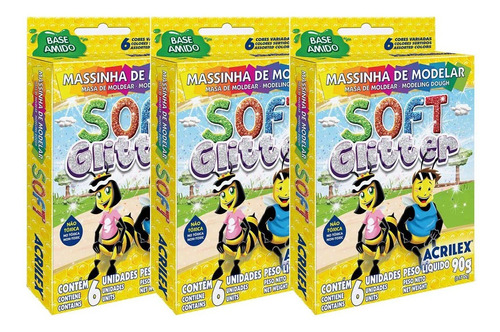 Kit 3 Massinha Modelar Com Glitter Escolar Infantil 6 Cores