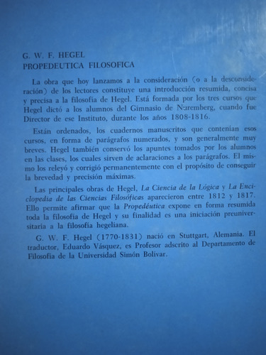Propedéutica Filosófica De Hegel Traducción Eduardo Vásquez (Usado)