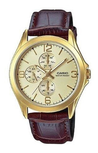 Reloj analógico Casio, clásico, de piel -mtp-v301gl-9audf, color de la correa: marrón, color del bisel, color dorado, color de fondo dorado