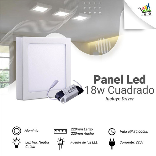 Panel Plafon Led 18w Aplicar Cuadrado 22x22cm