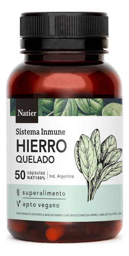 Natier Suplemento Vegano Natural Hierro Quelado Anemia X 50c