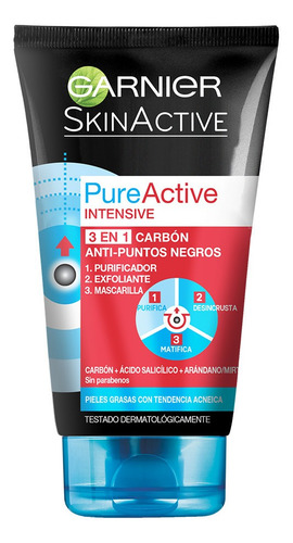 Imagen 1 de 9 de Gel Limpiador Facial 3 En 1 Carbón Pure Active Garnier 150ml