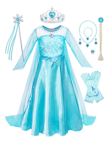 Vestido Elsa Frozen Disfraces Navidad Niña+8pcs Accesorios