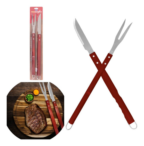 Kit Churrasco 2 Peças Com Faca De Corte E Garfo Grande