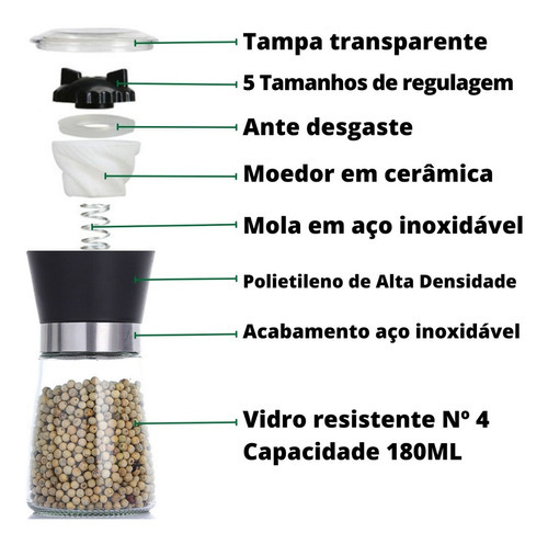 Kit 2 Moedor Sal Pimenta Inox Vidro Regulável 180 Ml