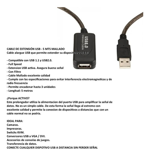 Imagen 2 de 4 de Cable De Extension Alargue Usb 2.0 Activo 5 Mts - Mallado