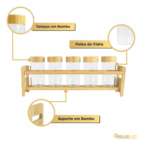 Kit Porta Temperos 5 Potes 130ml Vidro E Suporte Tampa Bambu