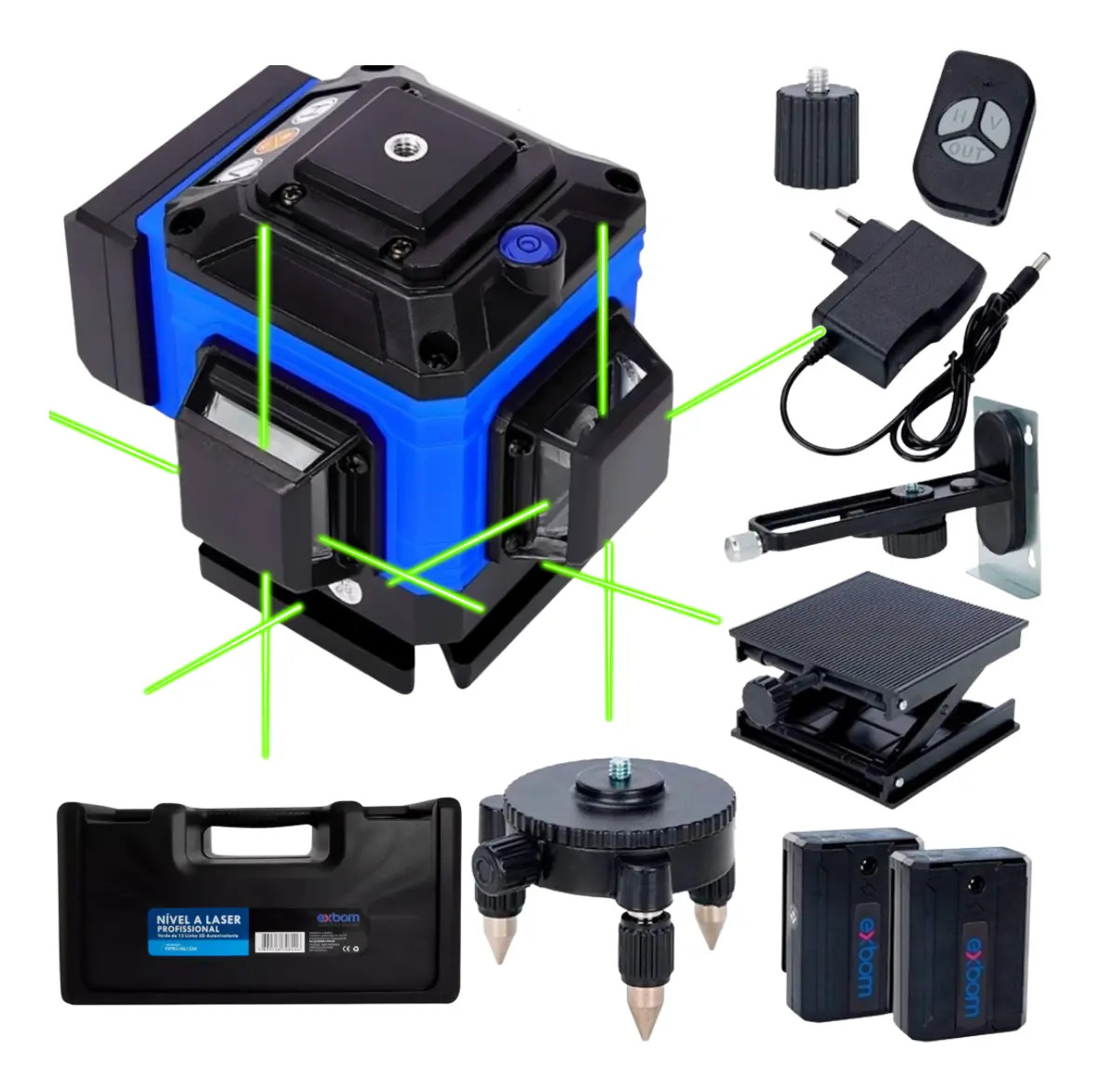 Nível Laser 3D 12 Linhas Exbom Recarregável 360° Verde Acompanha Controle