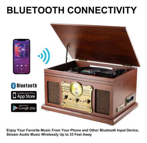 Tocadiscos Bluetooth 10 En 1 Caoba 3 Velocidades Con Altavoc