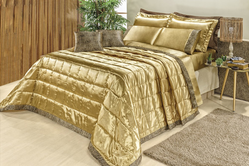 Kit Cobre Leito Safari King Size Com 9 Peças Colcha Luxo Cor Dourado