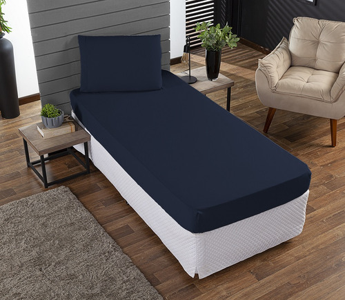Jogo Roupa Cama Lençol Solteiro 400 Fios 2 Peças Barra Hotel Cor Azul-marinho Desenho Do Tecido Liso