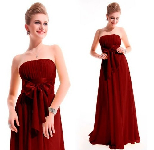Vestido Vermelho Burgundy Longo De Chiffon De Seda