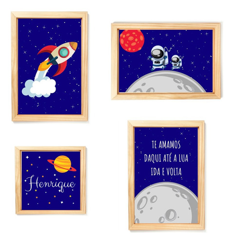 Kit Com 4 Quadros Decorativos Do Tema Astronauta