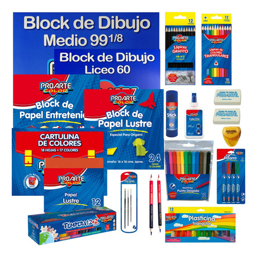 Pack Lista Escolar Proarte, 20 Productos