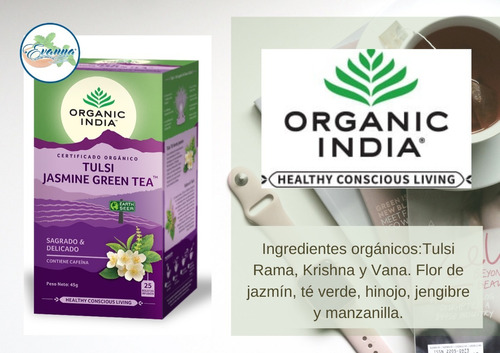 Té Tulsi Jasmine Green Tea. Organic Indian. Evanna