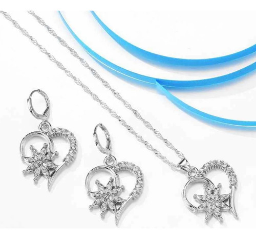 Set Plata 925 Corazon Sol Collar Pendientes Aros Dama Joyas