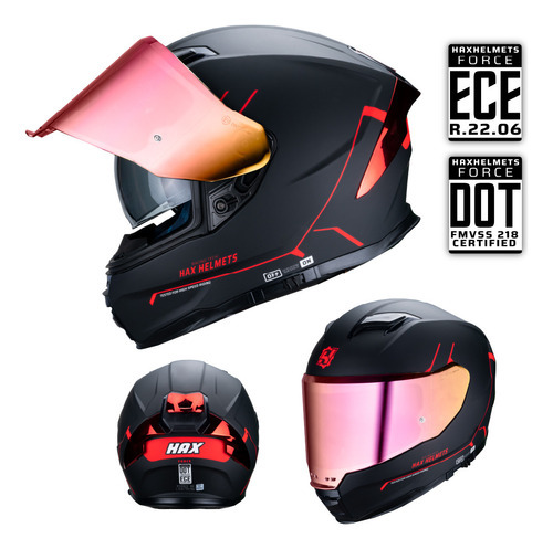 Hax Casco Moto Integral Force Negro Dot + Ece Color Rojo Tamaño del casco L-Grande