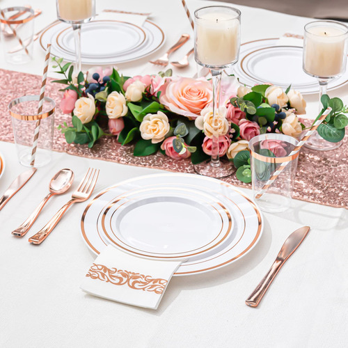 Juego De Vajilla Desechable Isfangco Rose Gold 200 Piezas