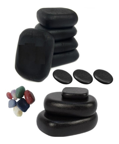 Imagem 1 de 10 de Kit 11 Pedras Vulcânicas Basáltica+kit 6 Cristais+nécessaire