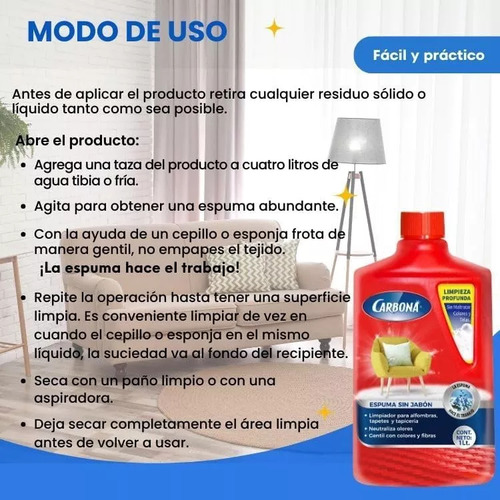 Limpiador De Alfombras Y Tapiz Carbona Espuma Sin Jabón 1l