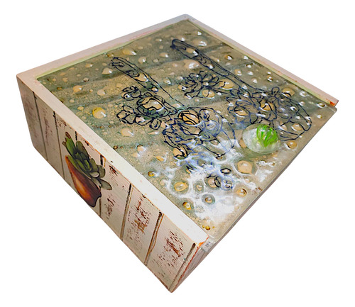 Caja De Te Artesanal 4 Divisiones. Cactus Verde