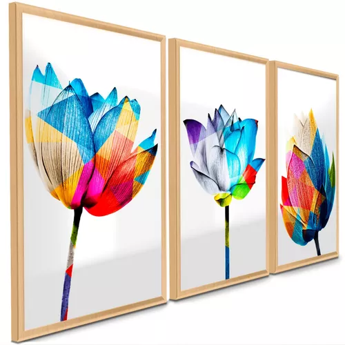 Trio Quadro Decorativo Sala Quarto Flores Abstrato Colorido