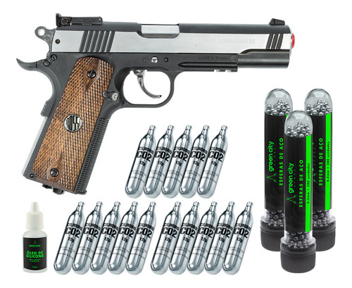 Pistola Co2 1911 4.5mm + 1500 Esferas Aço + 15 Co2 + Óleo
