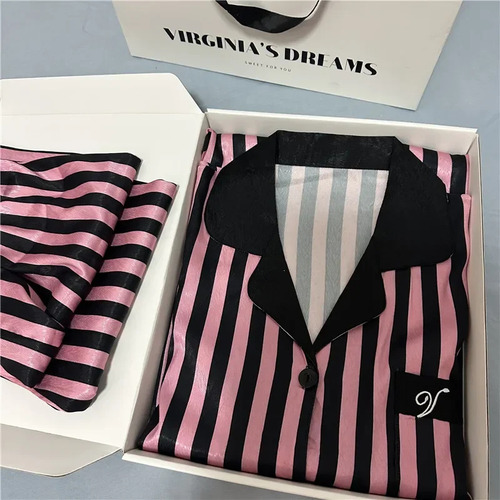 Pijama De Rayas Rosas De Manga Larga De Seda Fina