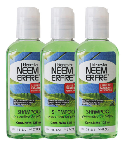 Paq-3 Shampoo Repelente De Piojos Neem-bienestar Neem Erfre