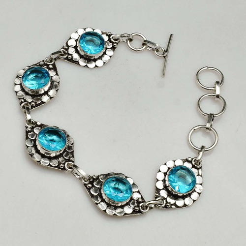 Pulsera Etnica Plata 925 Con Topacios Celestes