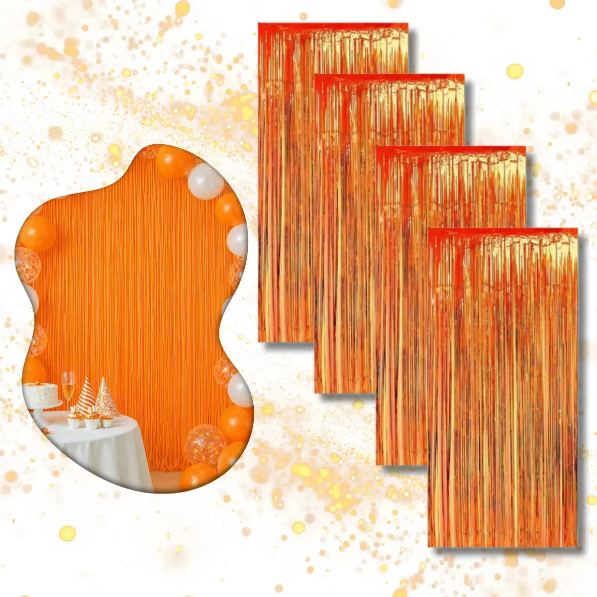 Kit 4 Cortina Metalizada Festa Fita Decoração Painel Franja Laranja