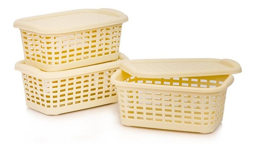 Canasta Rattan Plástica Mediana Con Tapa Organizadora Set X3