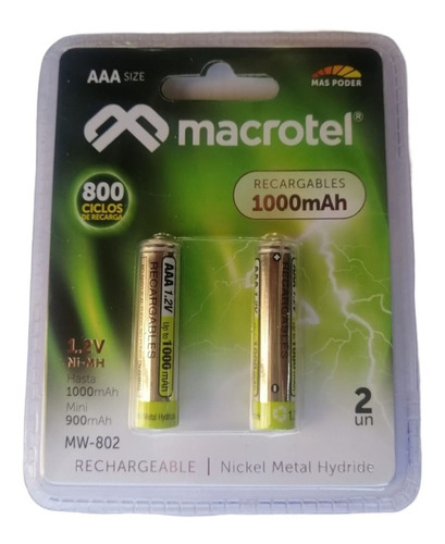 Pilas Recargables Aaa, 2 Unidades, 1000 Mah Factura/boleta