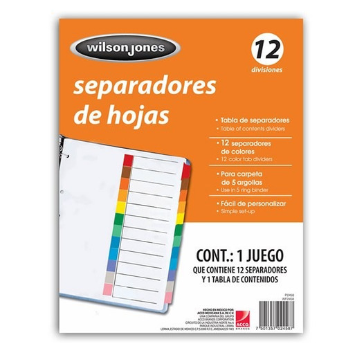 Separador Wilson P2458 Carta 12 Cejas Multicolor Sin Numerar