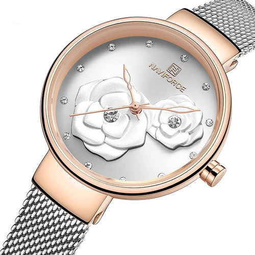 Reloj Elegante Naviforce Decoración De Flor De Rosa P/dama