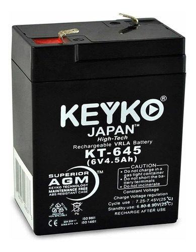 Batería Sellada Keyko 6v 4,5 Amp Para Lámparas De Emergencia
