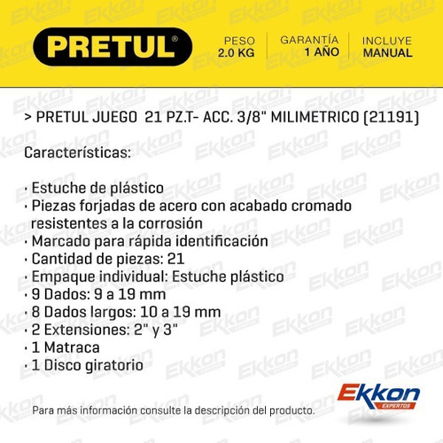 Imagen 2 de 10 de Juego De Tubos Pretul 21 Piezas Encastre 3/8 Bocallaves