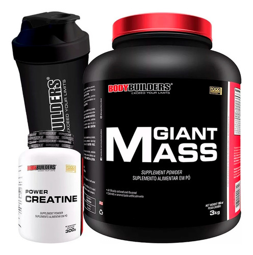 Kit Hipercalórico: Giant Mass 3kg + Creatina 300g + Shaker Sabor Morango