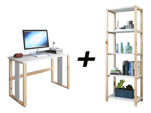 Mesa P Estudo Home Office E Estante C Prateleiras Em Madeira Cor Branco