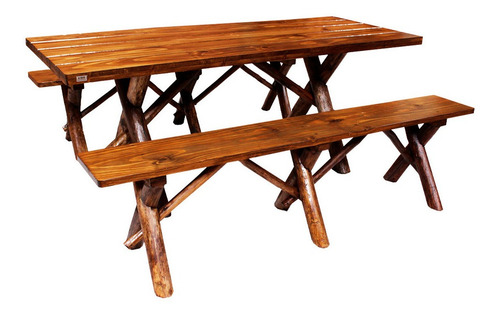 Mesa Churrasco Rustica De Madeira Com 2 Bancos 2 Metros Cor Marrom