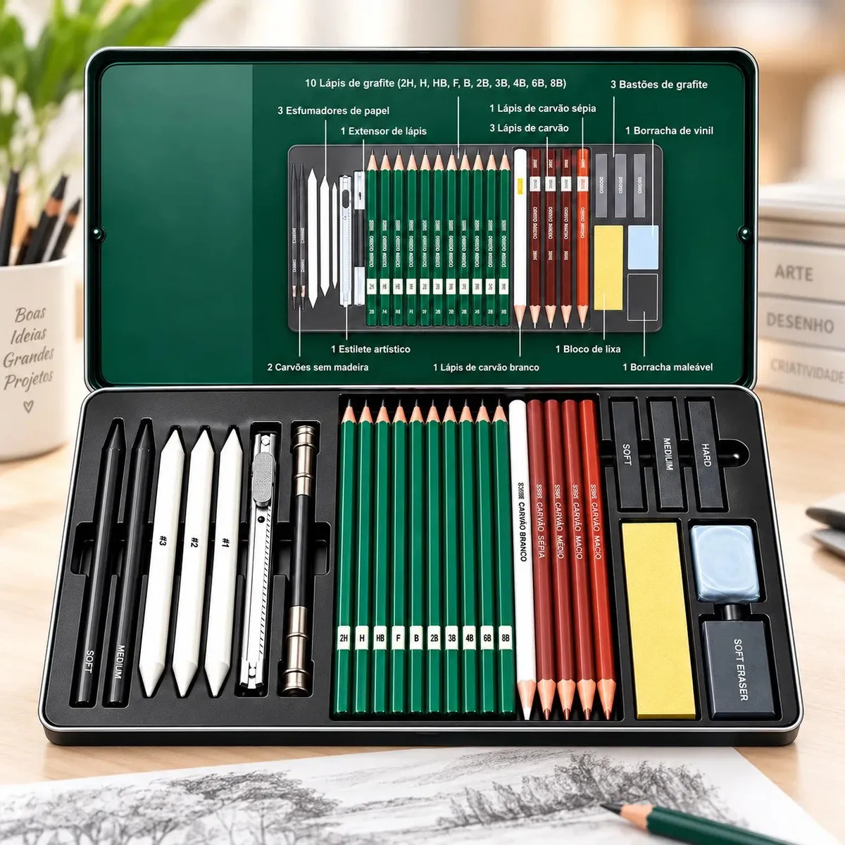 Kit Lápis de Desenho Profissional 28 Peças com Estojo Portátil, Lápis Artísticos, Borrachas, Estilete e Acessórios para Artistas e Estudantes Linha Super Premium