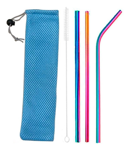 Kit 5 Em 1 Rainbow -3 Canudos De Inox + Escova + Bag Azul